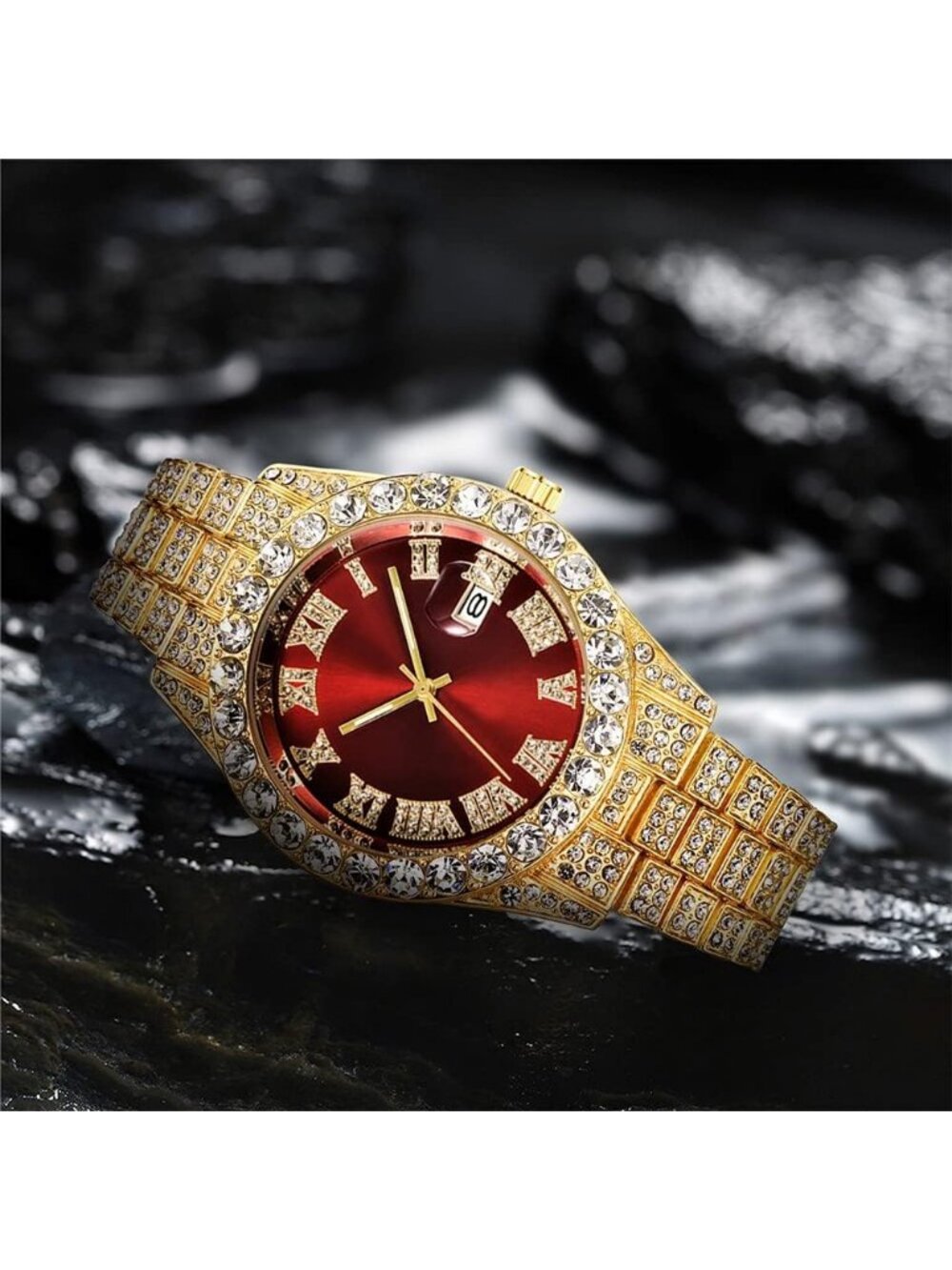 Men's 42mm Gold Red Iced-Out Bling Diamond Luxury Quartz Elegant Wrist Watch - Picture 3 of 3